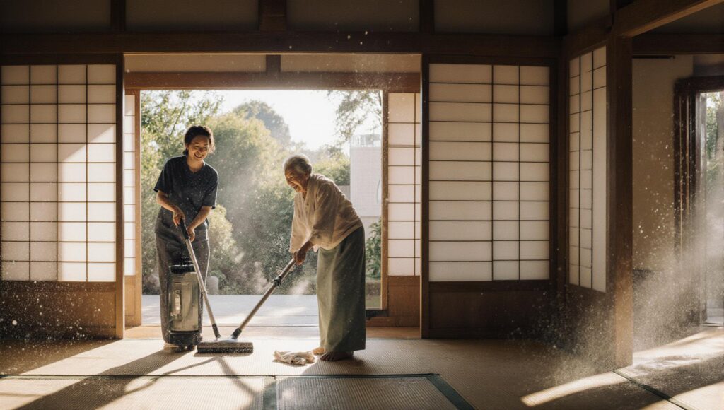 ボランティアと高齢者が一緒に日本のリビングを掃除している活動写真