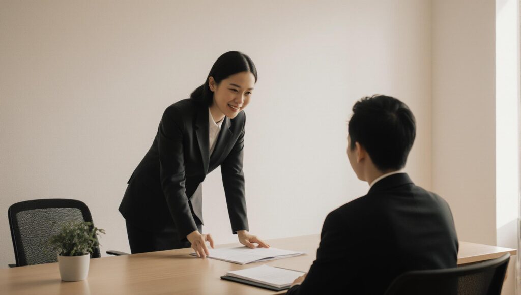 当社スタッフが高齢者の相談を日本のリビングで丁寧に聞いている活動写真
