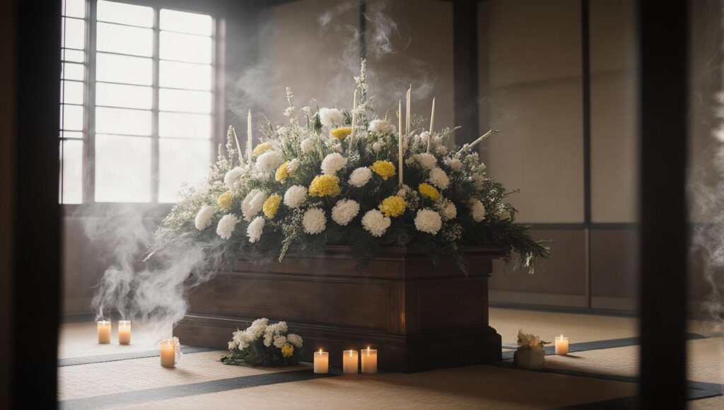 白と黄色の花で飾られた日本の葬儀祭壇とろうそくが並ぶ明るく落ち着いたイメージ写真