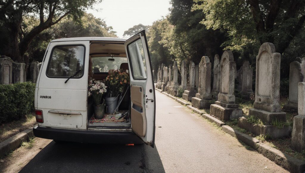 日本の墓地近くに停車した車と、花や作業用備品を積んだ様子を写した支援活動イメージ写真