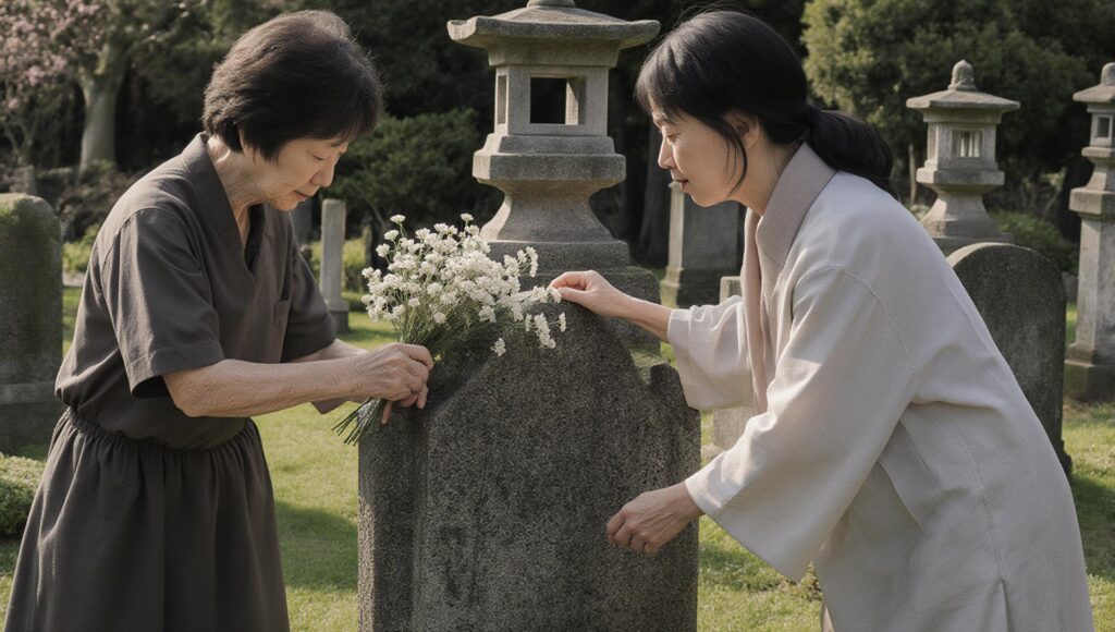 ボランティアが高齢者に寄り添い、日本の墓地でお墓参りを支援している活動写真