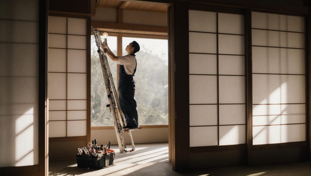 当社スタッフが日本の家庭で脚立を使い電球を交換している小規模リフォームの写真
