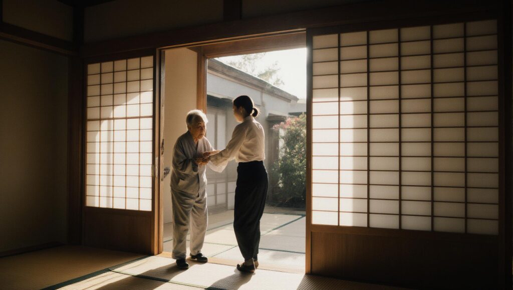 当社スタッフが高齢者を日常生活で支援し、荷物運びや扉を開けるなど安心を届ける活動写真
