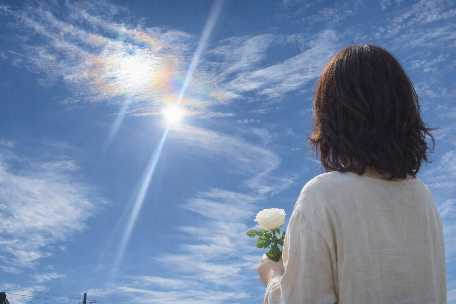 青空と白いバラを持つ女性
